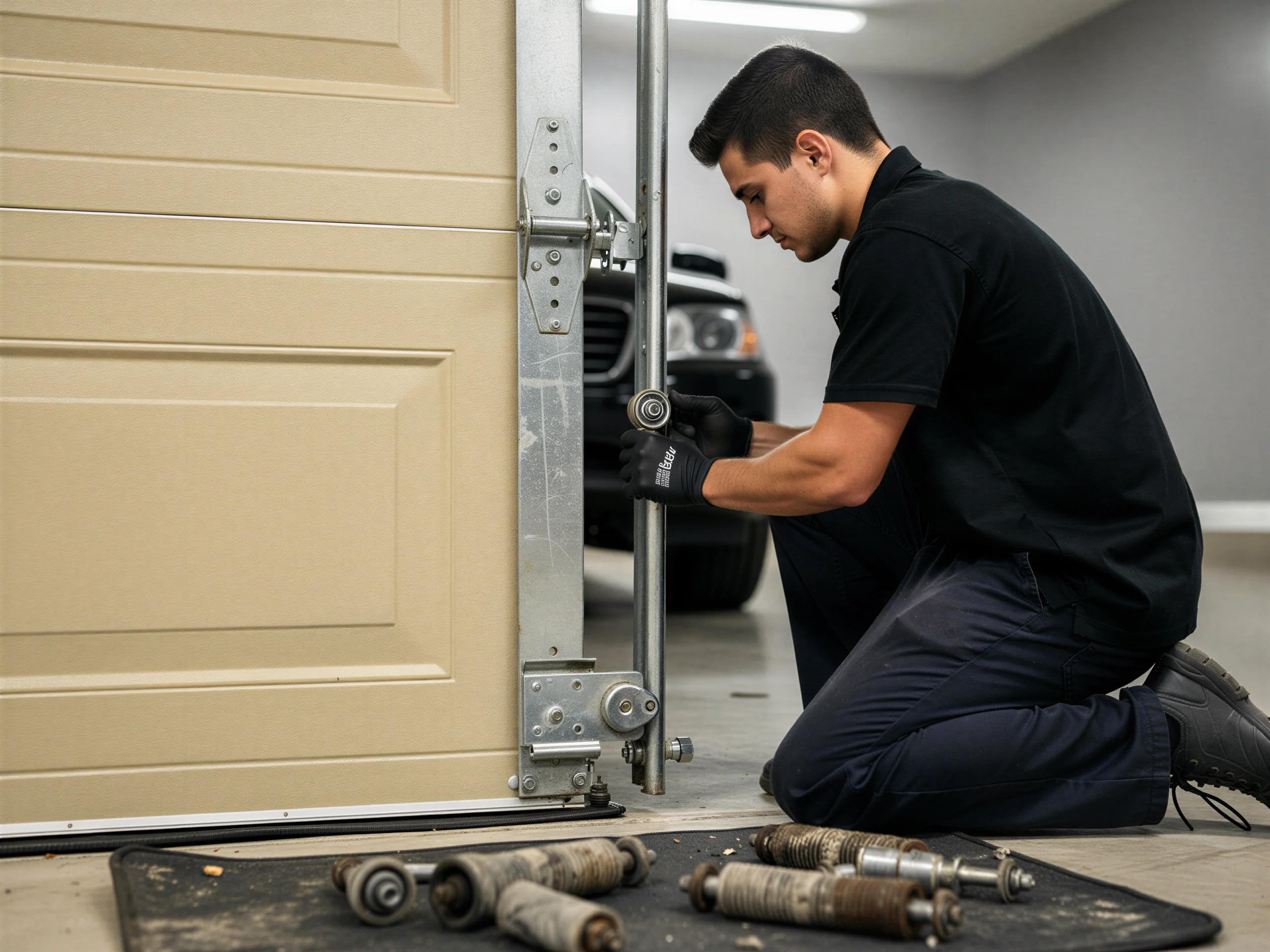 A technician installs a new roller on a beige garage door.
