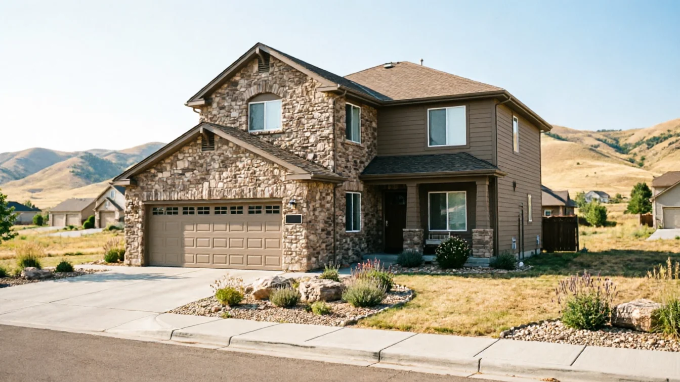 A two-story house with a brown garage door and stone facade sits on a sunny day.